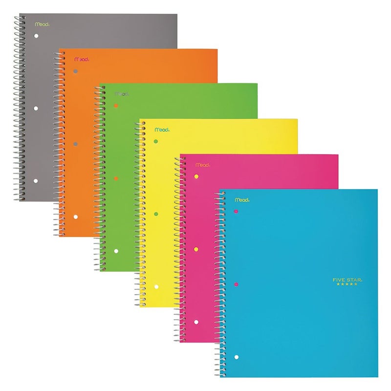 Five Star Spiral Notebooks, 3 Subject, Wide Ruled Paper, 150 Sheets, 10-1/2" x 8", Assorted Colors, 6 Pack (73449) - Image 1